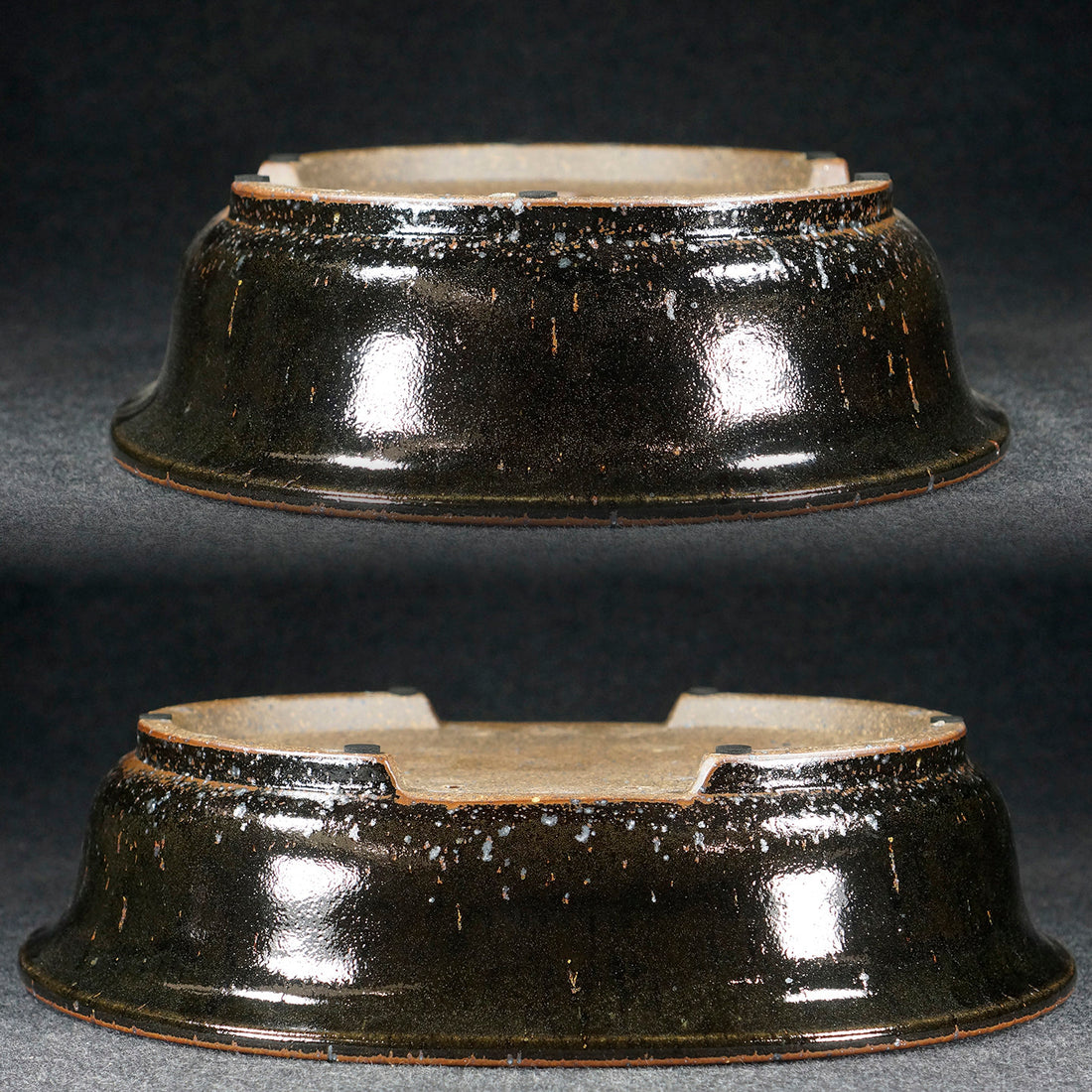 13.9 inch (35.4cm) Large Oval Taisho Kiln Jun Glaze Black Multi-Tone Bonsai Pot Upside Down View