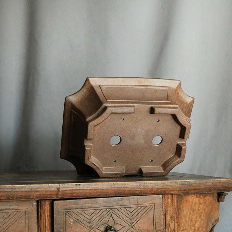 13.9 inch (35.5cm) Large Corner-Cut Flared Rectangular Wood-Fired Bonsai Pot Bottom View