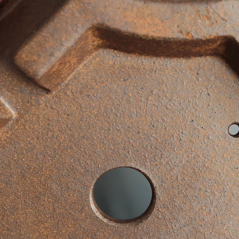 13.9 inch (35.5cm) Large Corner-Cut Flared Rectangular Wood-Fired Bonsai Pot Bottom View Close Shot