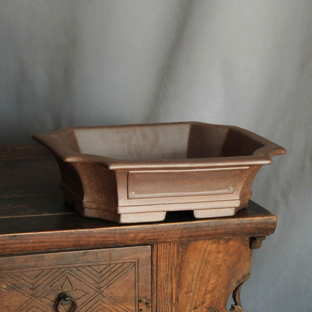 13.9 inch (35.5cm) Large Corner-Cut Flared Rectangular Wood-Fired Bonsai Pot Corner View