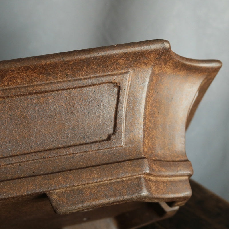 13.9 inch (35.5cm) Large Corner-Cut Flared Rectangular Wood-Fired Bonsai Pot Corner View Close Shot