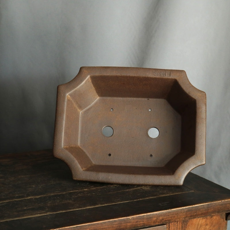 13.9 inch (35.5cm) Large Corner-Cut Flared Rectangular Wood-Fired Bonsai Pot Inner View