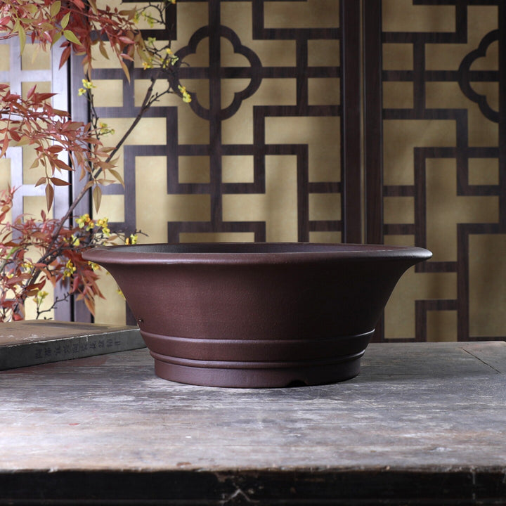 13.9 inch (35.5cm) Large Flared Round Brown Traditional Unglazed Deep Bonsai Pot