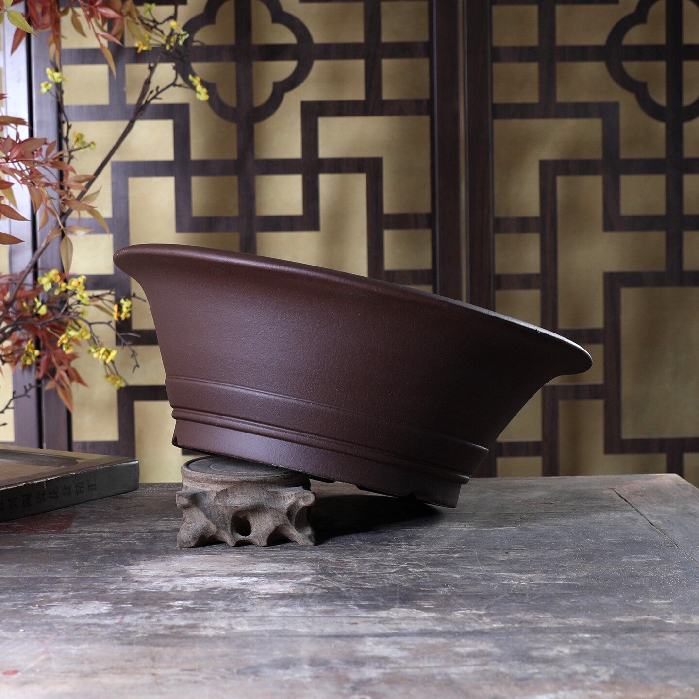 13.9 inch (35.5cm) Large Flared Round Brown Traditional Unglazed Deep Bonsai Pot Side View