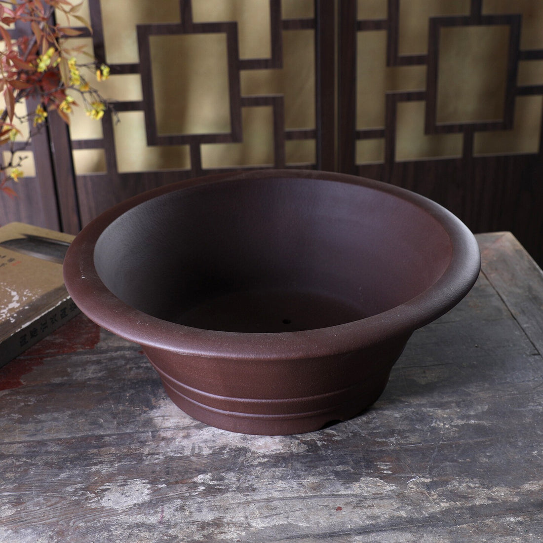 13.9 inch (35.5cm) Large Flared Round Brown Traditional Unglazed Deep Bonsai Pot Top View