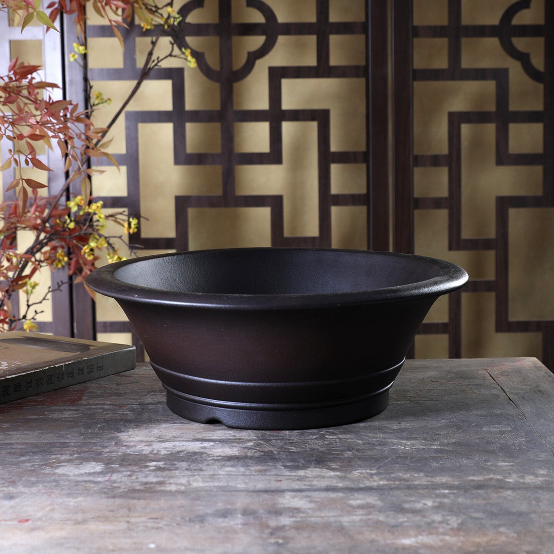 13.9 inch (35.5cm) Large Flared Round Gradient Finish Unglazed Deep Bonsai Pot