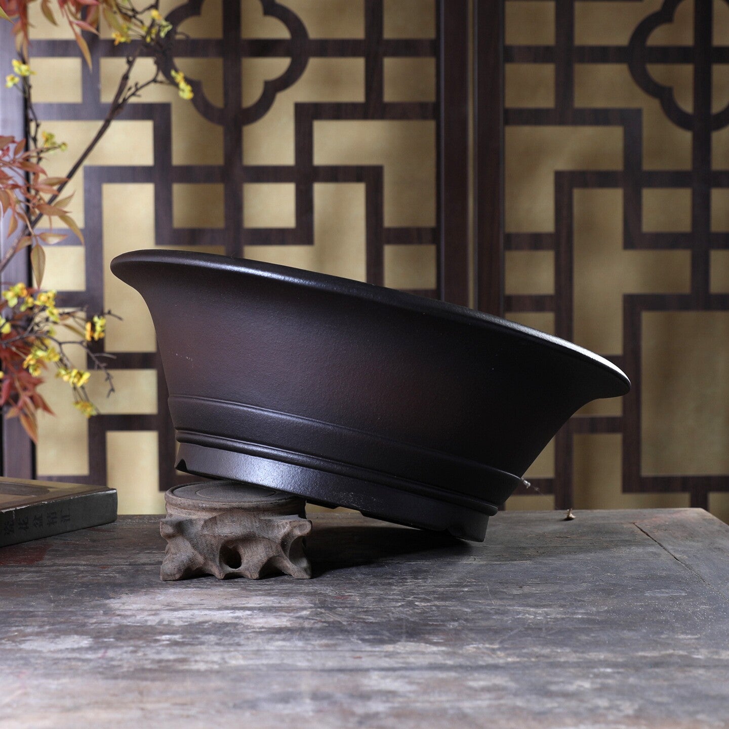 13.9 inch (35.5cm) Large Flared Round Gradient Finish Unglazed Deep Bonsai Pot Side View