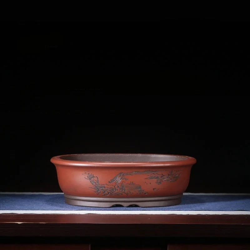 13.9 inch (35.5cm) Large Oval Bonsai Pots w Landscape Engravings Red Color