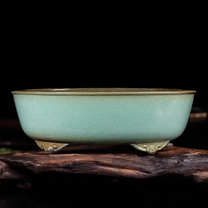 13.9 inch (35.5cm) Large Oval Green Glazed Bonsai Pot w Ornate Raised Feet