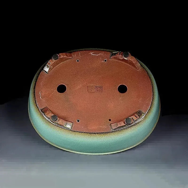 13.9 inch (35.5cm) Large Oval Green Glazed Bonsai Pot w Ornate Raised Feet Bottom View