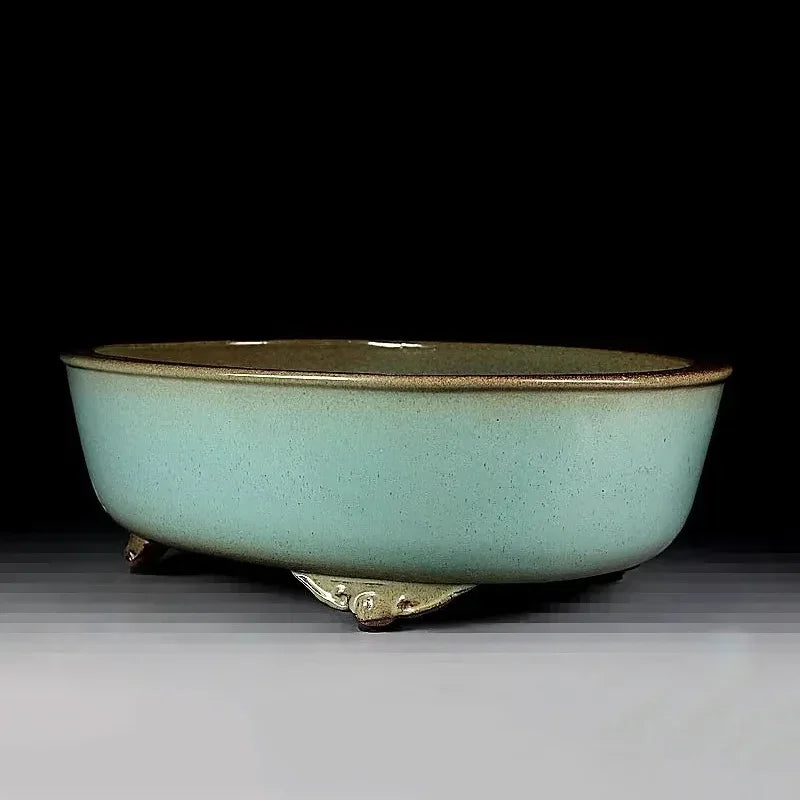 13.9 inch (35.5cm) Large Oval Green Glazed Bonsai Pot w Ornate Raised Feet Corner View