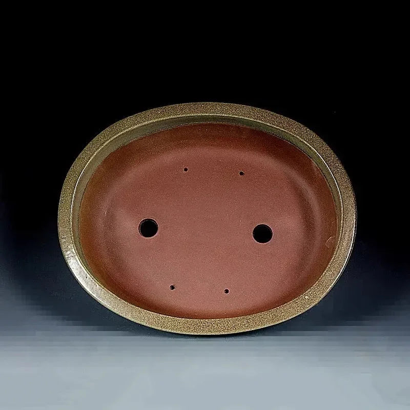 13.9 inch (35.5cm) Large Oval Green Glazed Bonsai Pot w Ornate Raised Feet Inner View