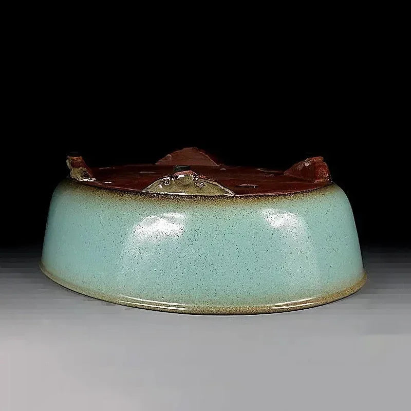 13.9 inch (35.5cm) Large Oval Green Glazed Bonsai Pot w Ornate Raised Feet Upside Down Corner View