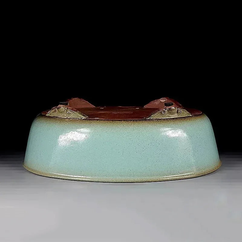 13.9 inch (35.5cm) Large Oval Green Glazed Bonsai Pot w Ornate Raised Feet Upside Down View