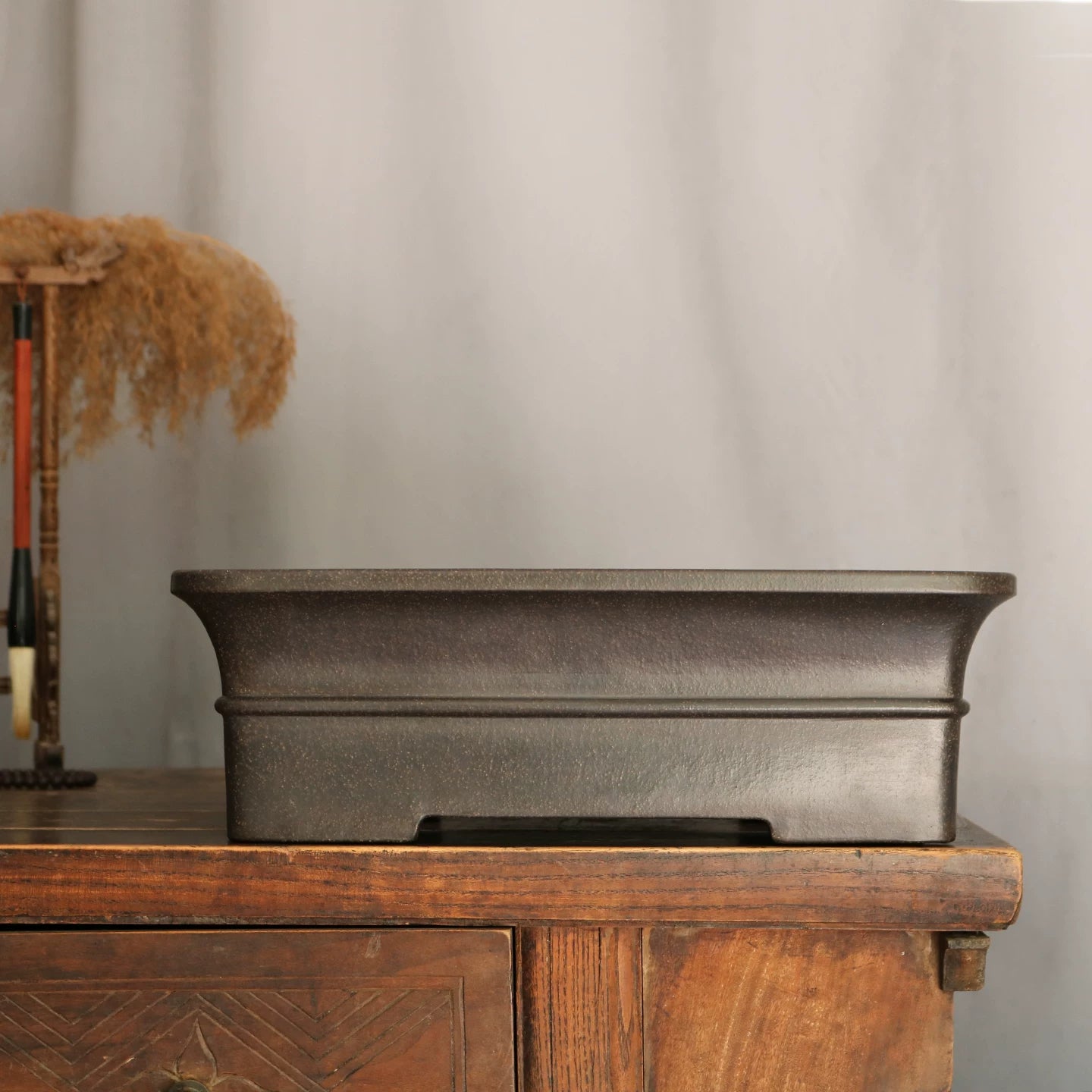 13.9 inch (35.5cm) Large Rectangular Black Unglazed Bonsai Pot with Flared Rim & Raised Line