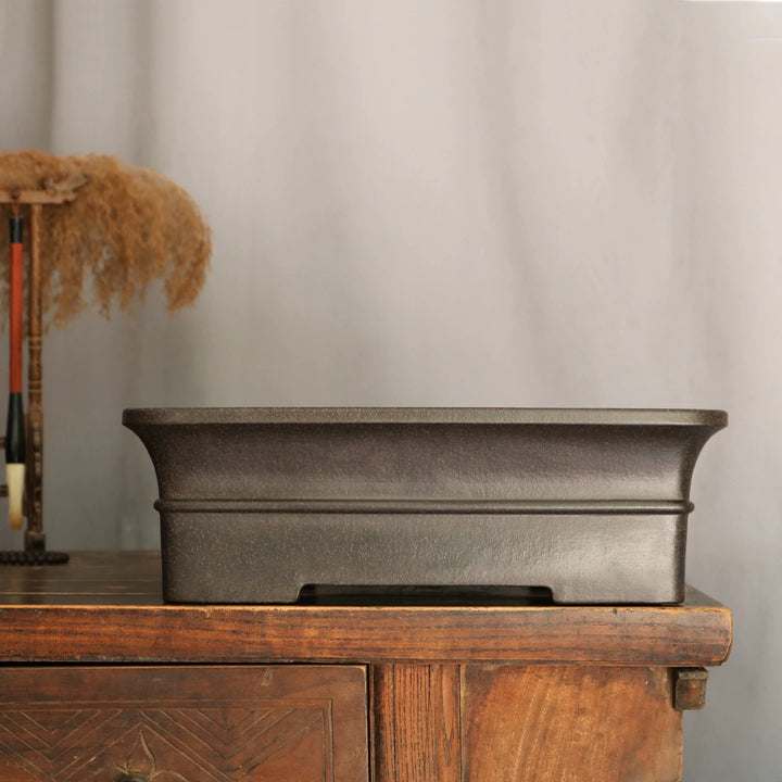 13.9 inch (35.5cm) Large Rectangular Black Unglazed Bonsai Pot with Flared Rim & Raised Line