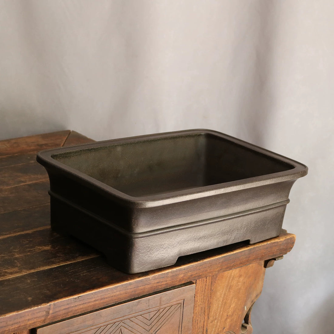 13.9 inch (35.5cm) Large Rectangular Black Unglazed Bonsai Pot with Flared Rim & Raised Line Corner Top View