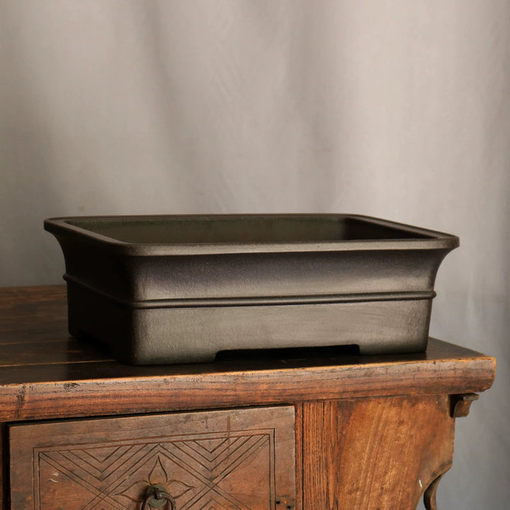 13.9 inch (35.5cm) Large Rectangular Black Unglazed Bonsai Pot with Flared Rim & Raised Line Corner View