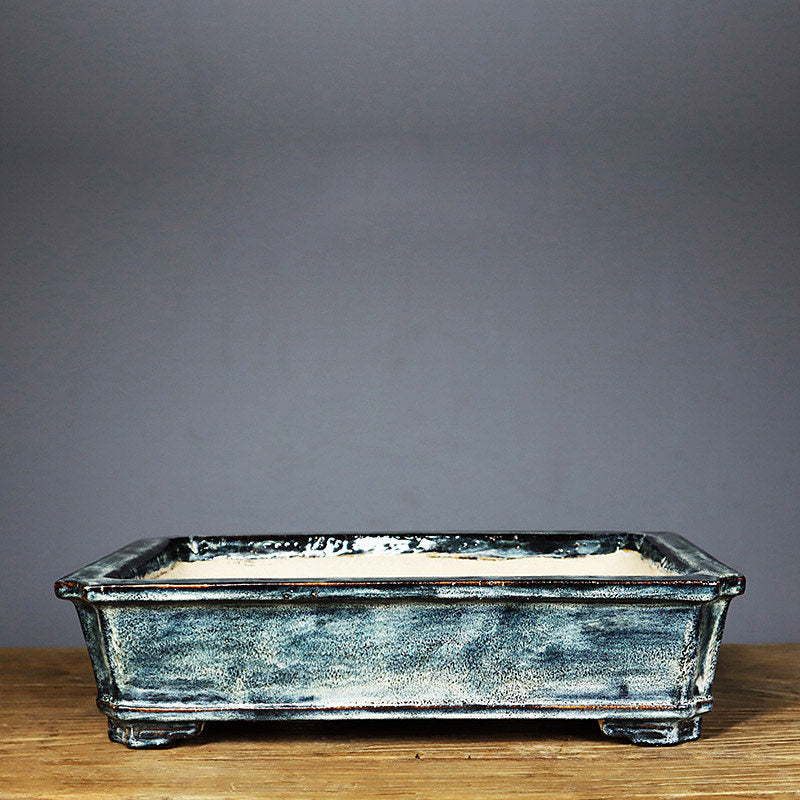 13.9 inch (35.5cm) Large Rectangular Indented Corner Multi-Tone Glazed Bonsai Pots Green Color