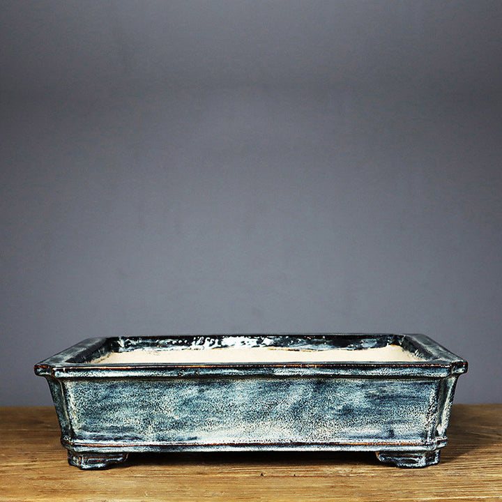 13.9 inch (35.5cm) Large Rectangular Indented Corner Multi-Tone Glazed Bonsai Pots Green Color