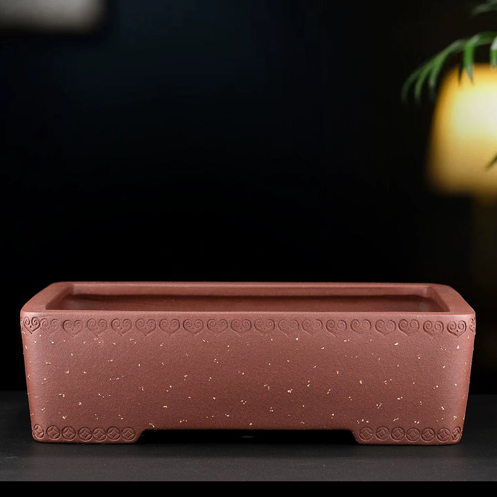 13.9 inch (35.5cm) Rectangular Sand-Like Speckled Finish Bonsai Pot w Engraved Rim & Feet