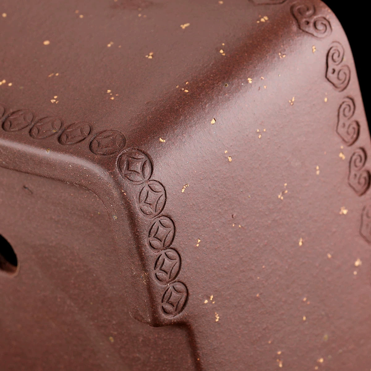 13.9 inch (35.5cm) Rectangular Sand-Like Speckled Finish Bonsai Pot w Engraved Rim & Feet  Close Shot