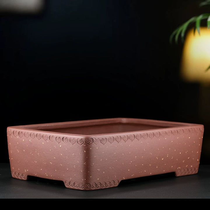 13.9 inch (35.5cm) Rectangular Sand-Like Speckled Finish Bonsai Pot w Engraved Rim & Feet Corner View