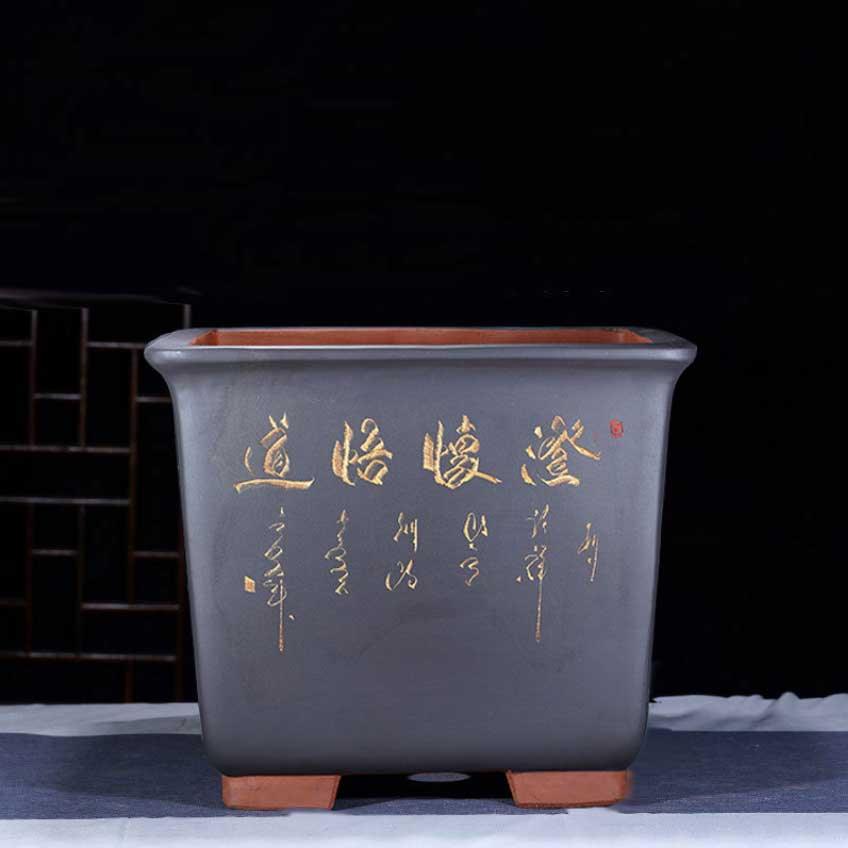 13" (35cm) Large 11.8" (30cm) Deep Square Engraved Cascade Bonsai Pots Black Color
