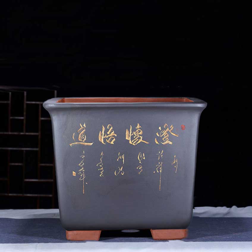 13" (35cm) Large 11.8" (30cm) Deep Square Engraved Cascade Bonsai Pots Black Color