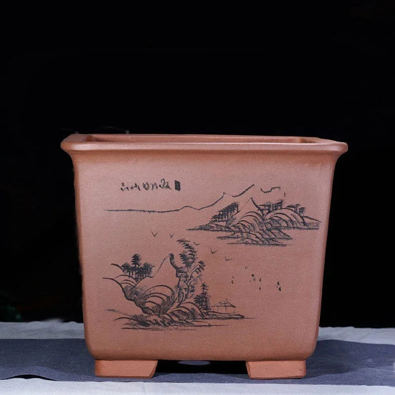 13" (35cm) Large 11.8" (30cm) Deep Square Engraved Cascade Bonsai Pots Brown Color