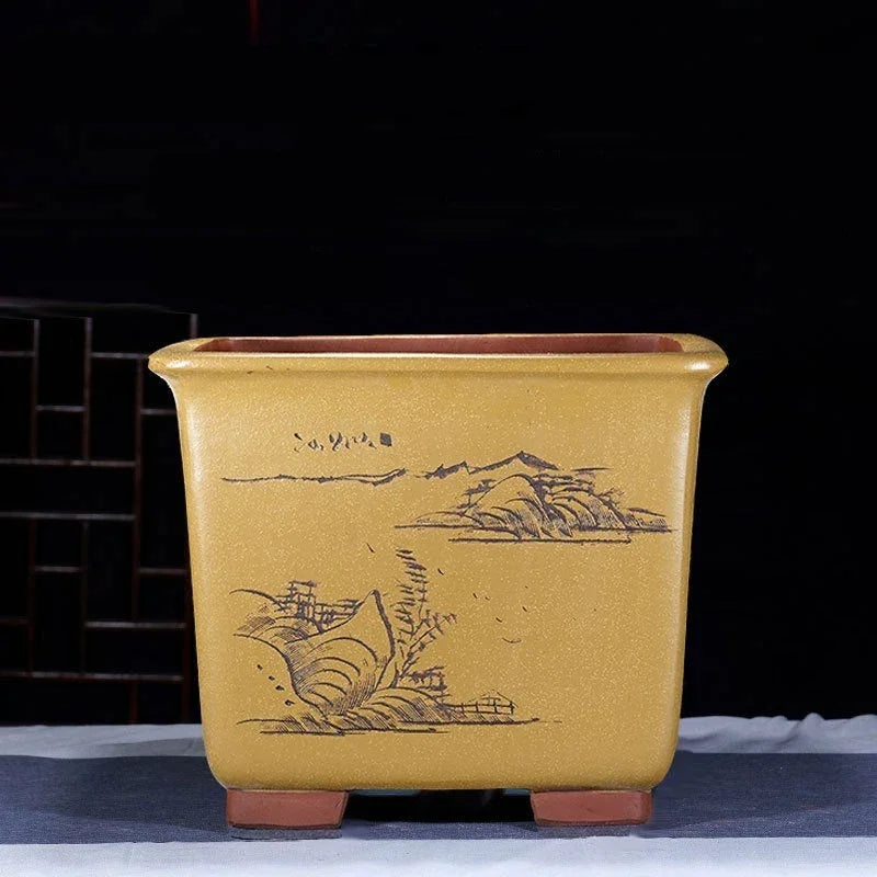 13" (35cm) Large 11.8" (30cm) Deep Square Engraved Cascade Bonsai Pots Yellow Color
