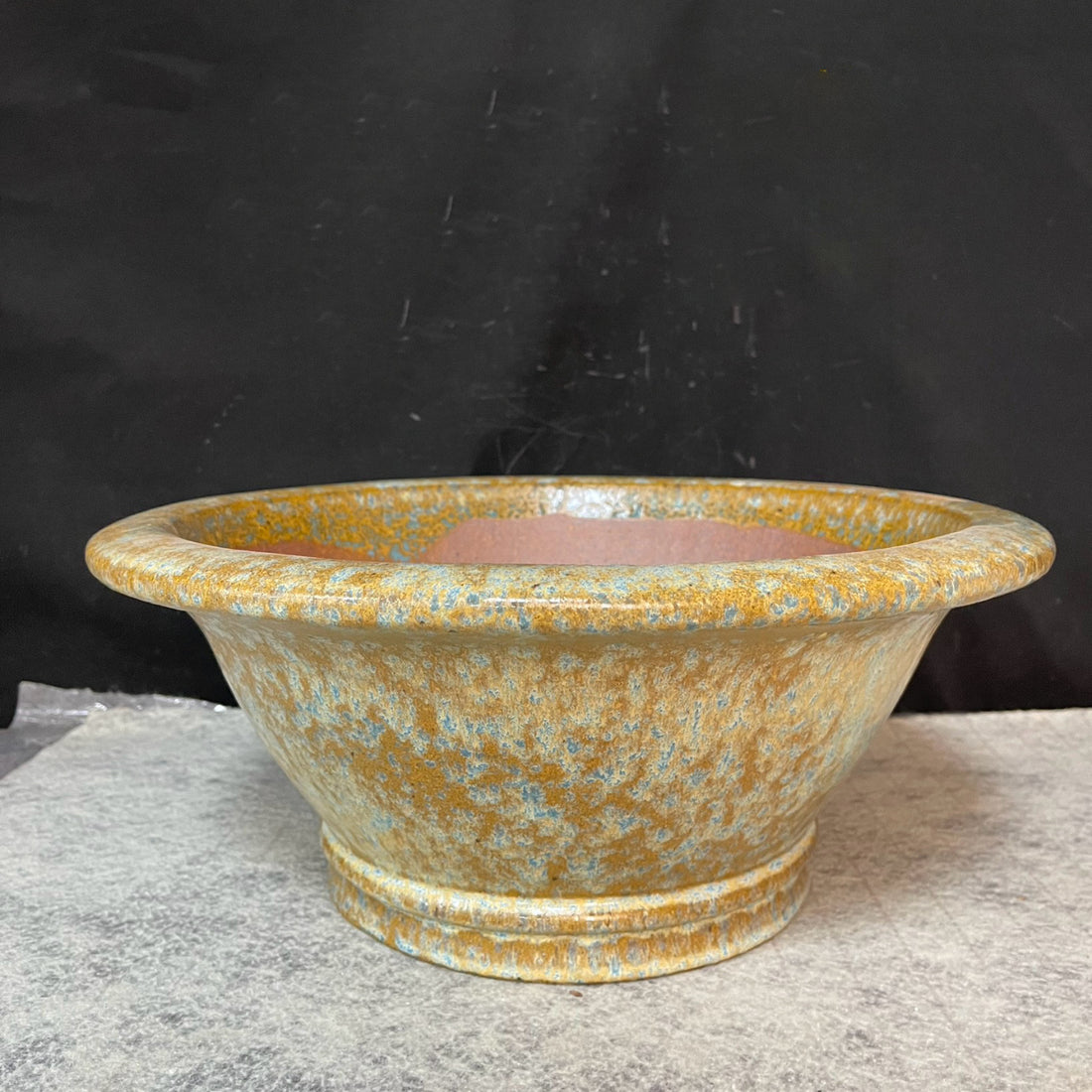 13 inch (33cm) Large Flared Round Yellow Multi-Tone Glazed Semi Cascade Bonsai Pot