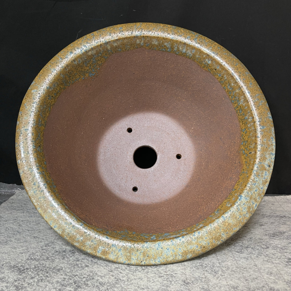 13 inch (33cm) Large Flared Round Yellow Multi-Tone Glazed Semi Cascade Bonsai Pot Inner View