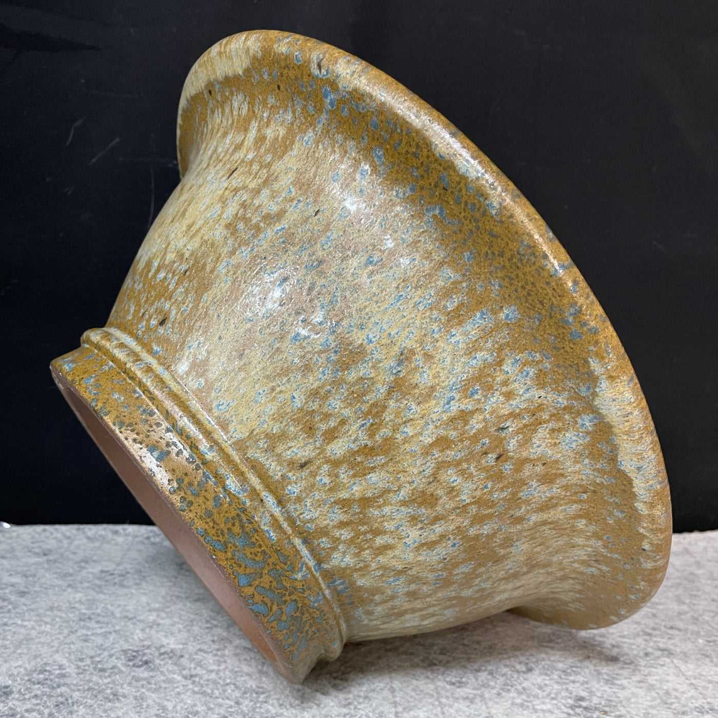13 inch (33cm) Large Flared Round Yellow Multi-Tone Glazed Semi Cascade Bonsai Pot Side View