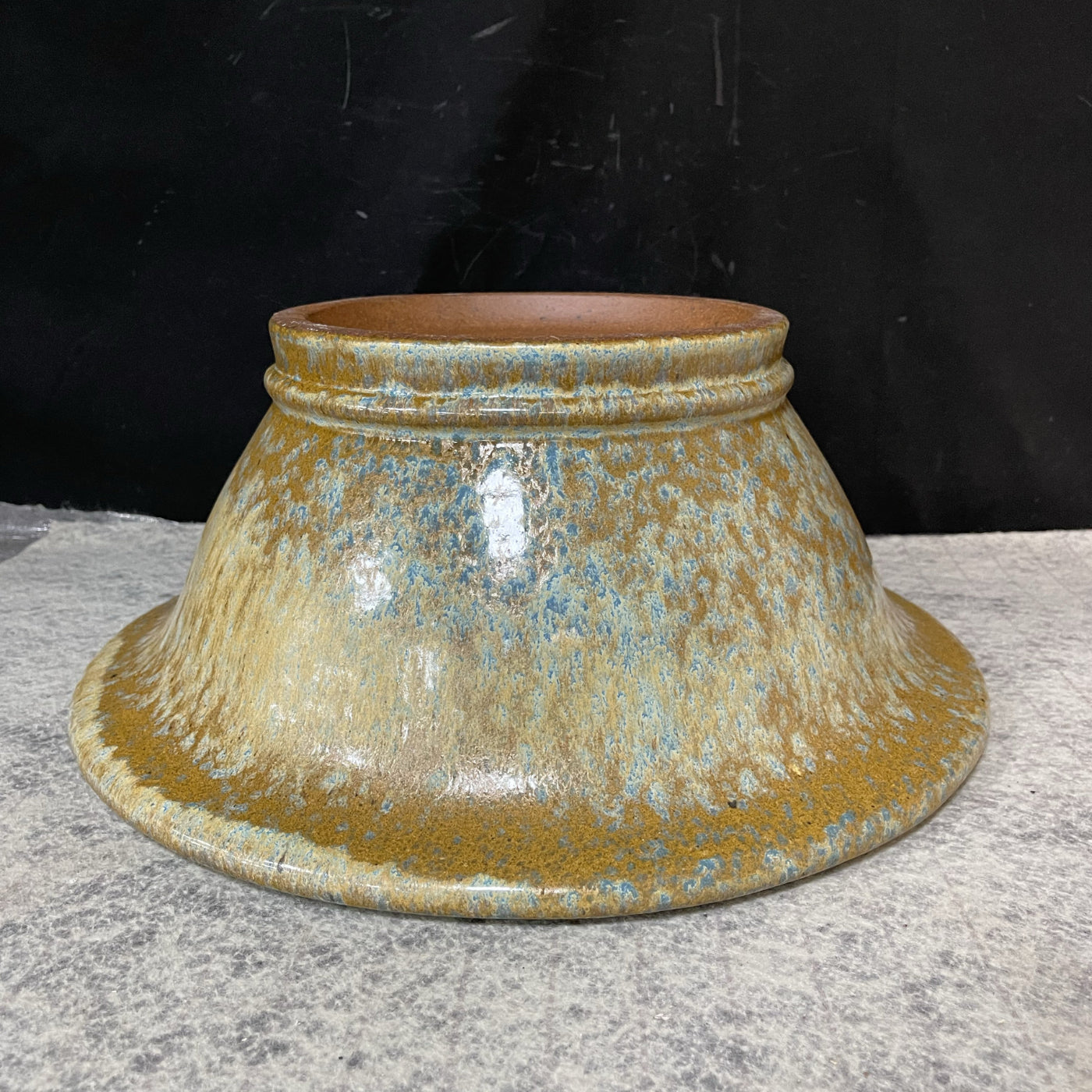 13 inch (33cm) Large Flared Round Yellow Multi-Tone Glazed Semi Cascade Bonsai Pot Updside Down View