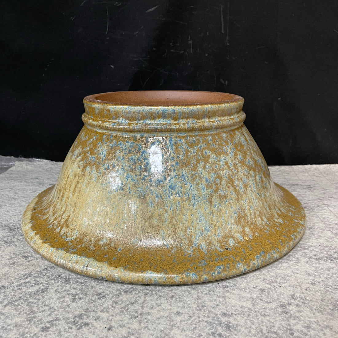 13 inch (33cm) Large Flared Round Yellow Multi-Tone Glazed Semi Cascade Bonsai Pot Updside Down View