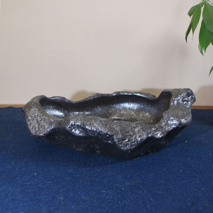13 inch (33cm) Large Irregular Black Rock-Style Abstract Bonsai Pot Back View