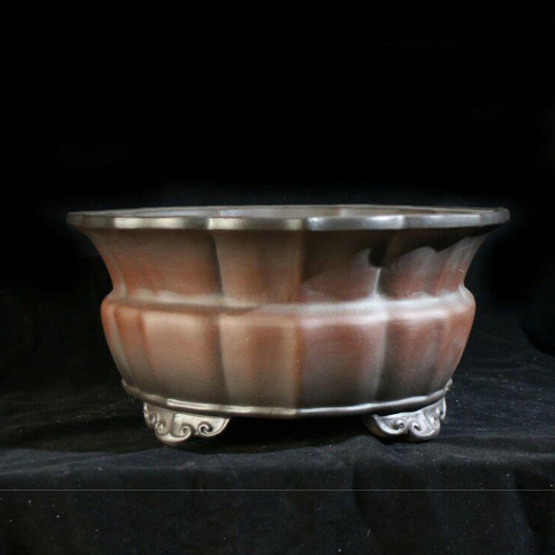 13 inch (33cm) Wide 5.9 inch (15cm) Deep Waisted Lotus-Shaped Unglazed Bonsai Pot w Cloud Feet