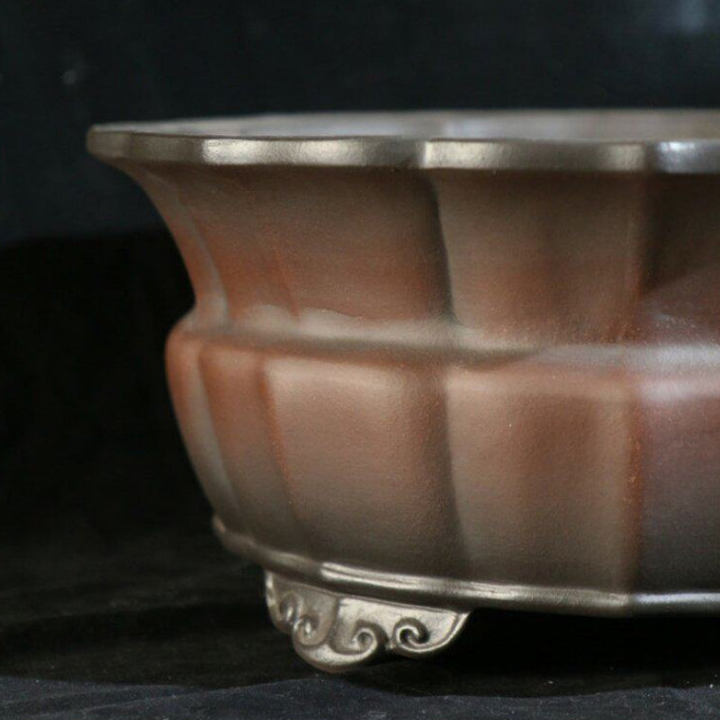 13 inch (33cm) Wide 5.9 inch (15cm) Deep Waisted Lotus-Shaped Unglazed Bonsai Pot w Cloud Feet Close Shot