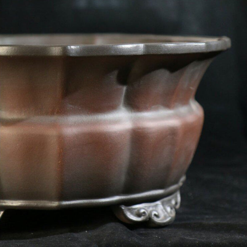 13 inch (33cm) Wide 5.9 inch (15cm) Deep Waisted Lotus-Shaped Unglazed Bonsai Pot w Cloud Feet Close Shot