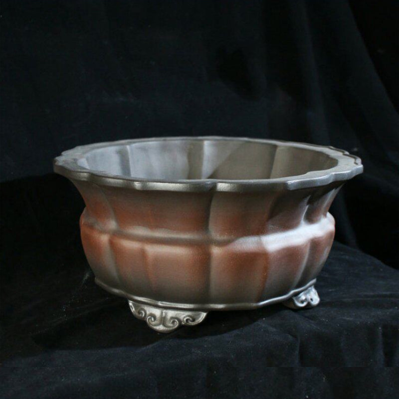 13 inch (33cm) Wide 5.9 inch (15cm) Deep Waisted Lotus-Shaped Unglazed Bonsai Pot w Cloud Feet Corner View