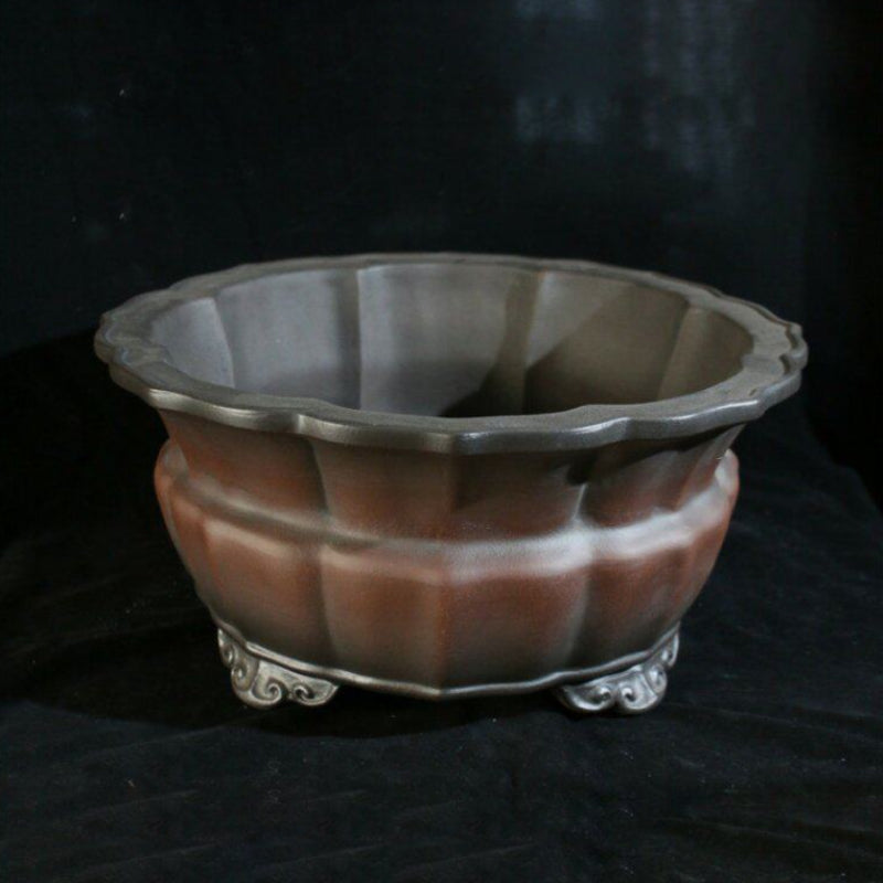 13 inch (33cm) Wide 5.9 inch (15cm) Deep Waisted Lotus-Shaped Unglazed Bonsai Pot w Cloud Feet Corner View