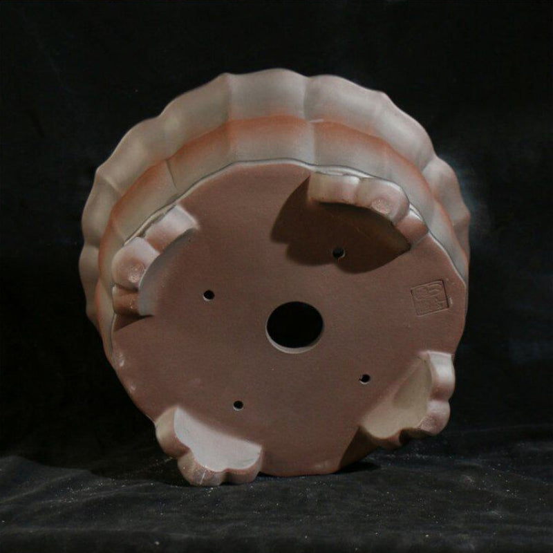 13 inch (33cm) Wide 5.9 inch (15cm) Deep Waisted Lotus-Shaped Unglazed Bonsai Pot w Cloud Feet Rim Bottom View
