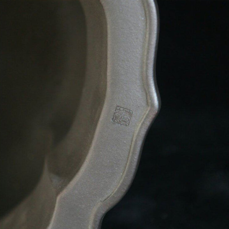 13 inch (33cm) Wide 5.9 inch (15cm) Deep Waisted Lotus-Shaped Unglazed Bonsai Pot w Cloud Feet Rim Close Shot