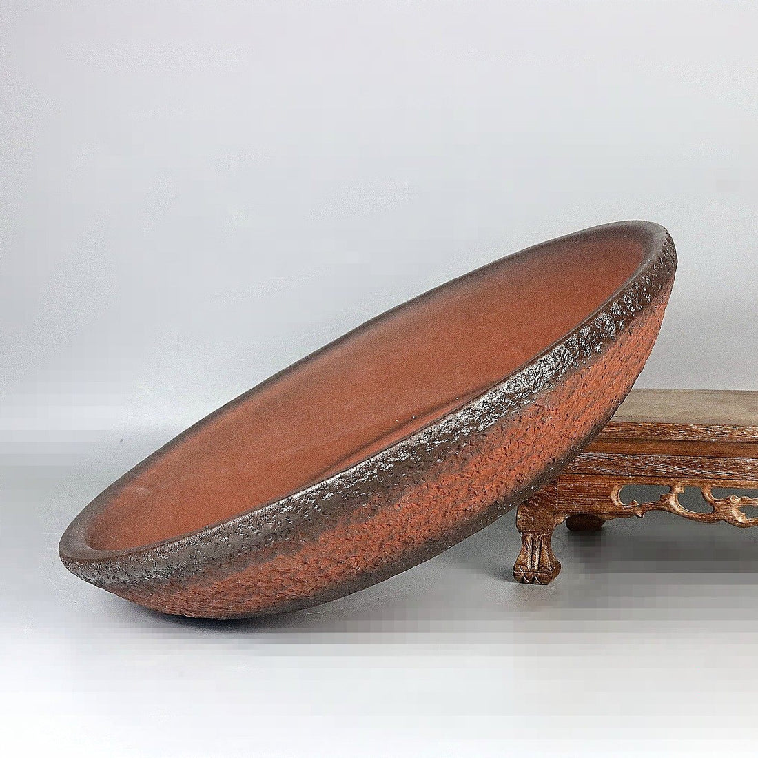 13 inch (34cm) Large Flared Round Gradient Finish Nanban-Style Shallow Unglazed Bonsai Pot Side View