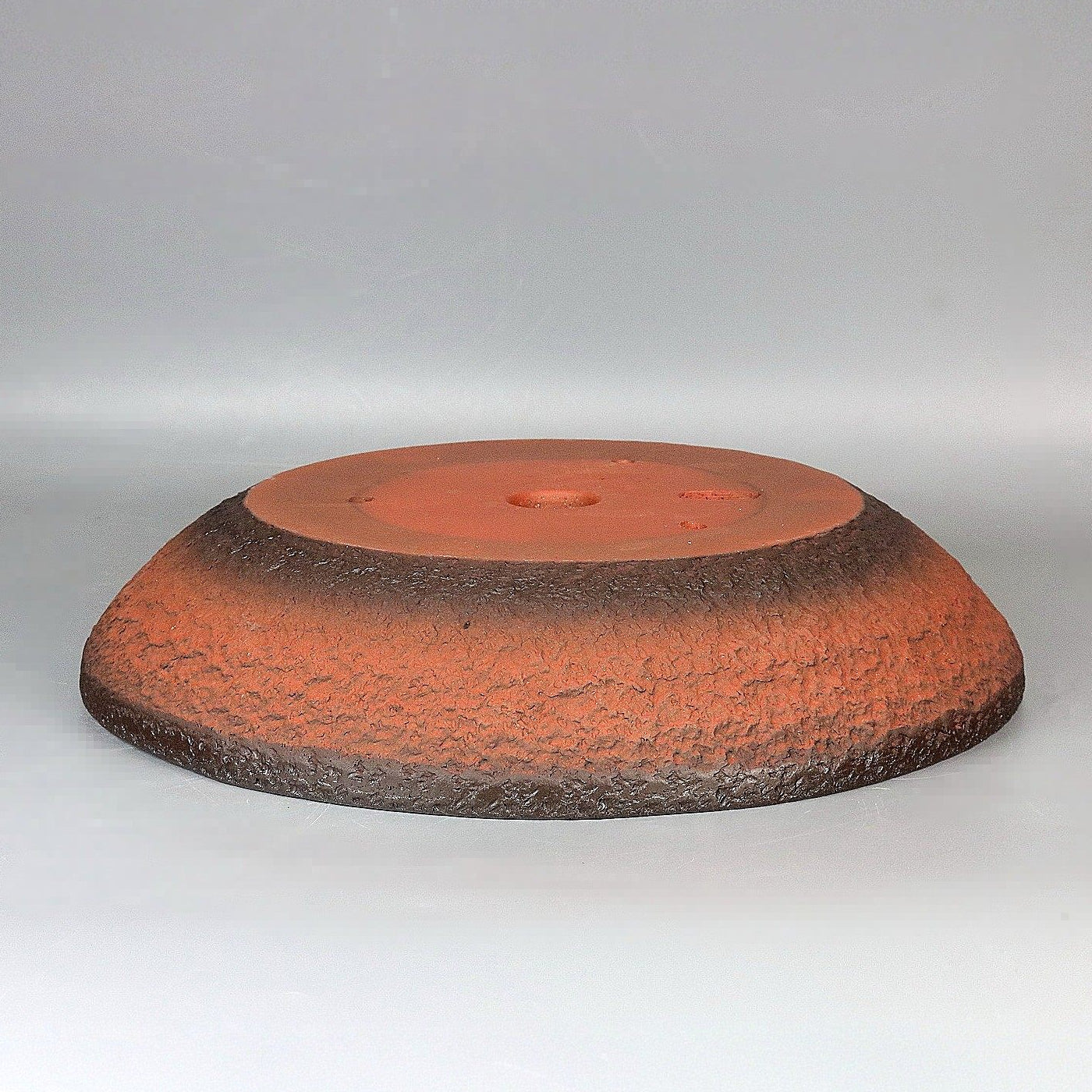 13 inch (34cm) Large Flared Round Gradient Finish Nanban-Style Shallow Unglazed Bonsai Pot Upside Down View