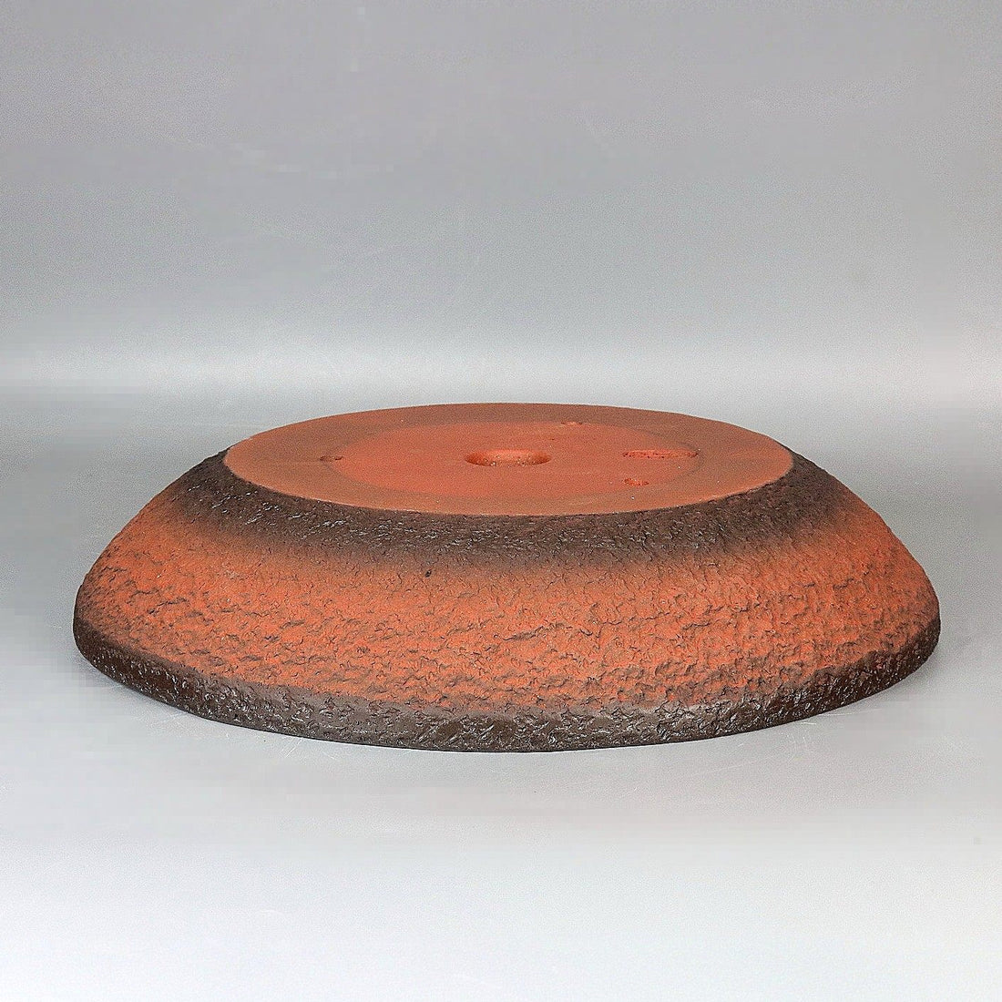 13 inch (34cm) Large Flared Round Gradient Finish Nanban-Style Shallow Unglazed Bonsai Pot Upside Down View
