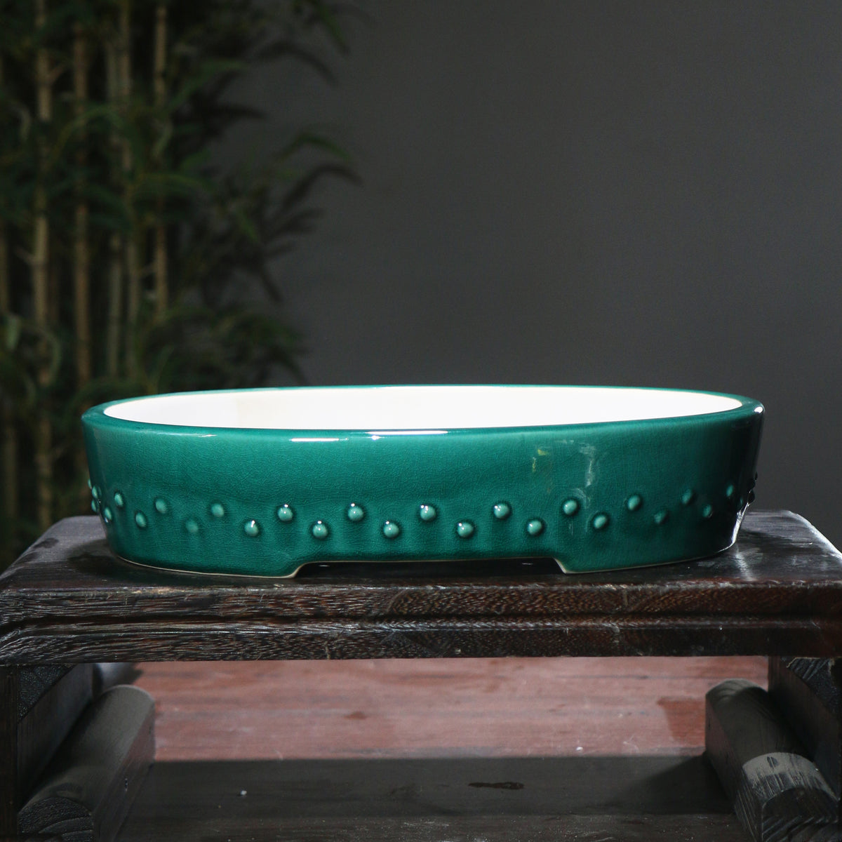 14.1" (35.8cm) Large Glazed Shallow Drum Oval Bonsai Pots Handmade Green Color