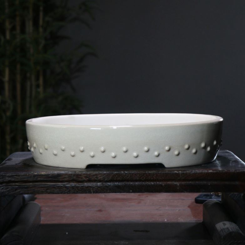 14.1" (35.8cm) Large Glazed Shallow Drum Oval Bonsai Pots Handmade Milky White Color