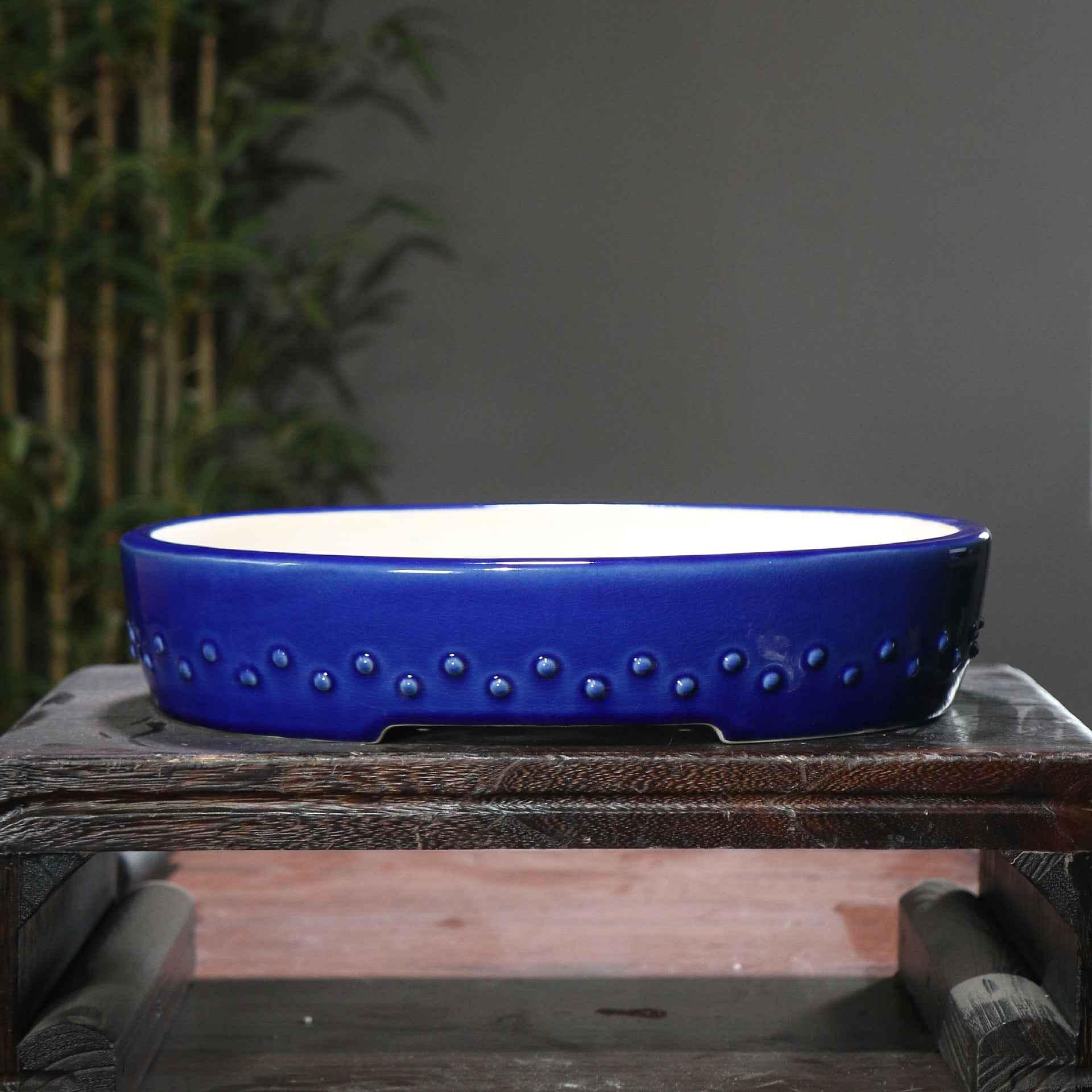 14.1" (35.8cm) Large Glazed Shallow Drum Oval Bonsai Pots Handmade